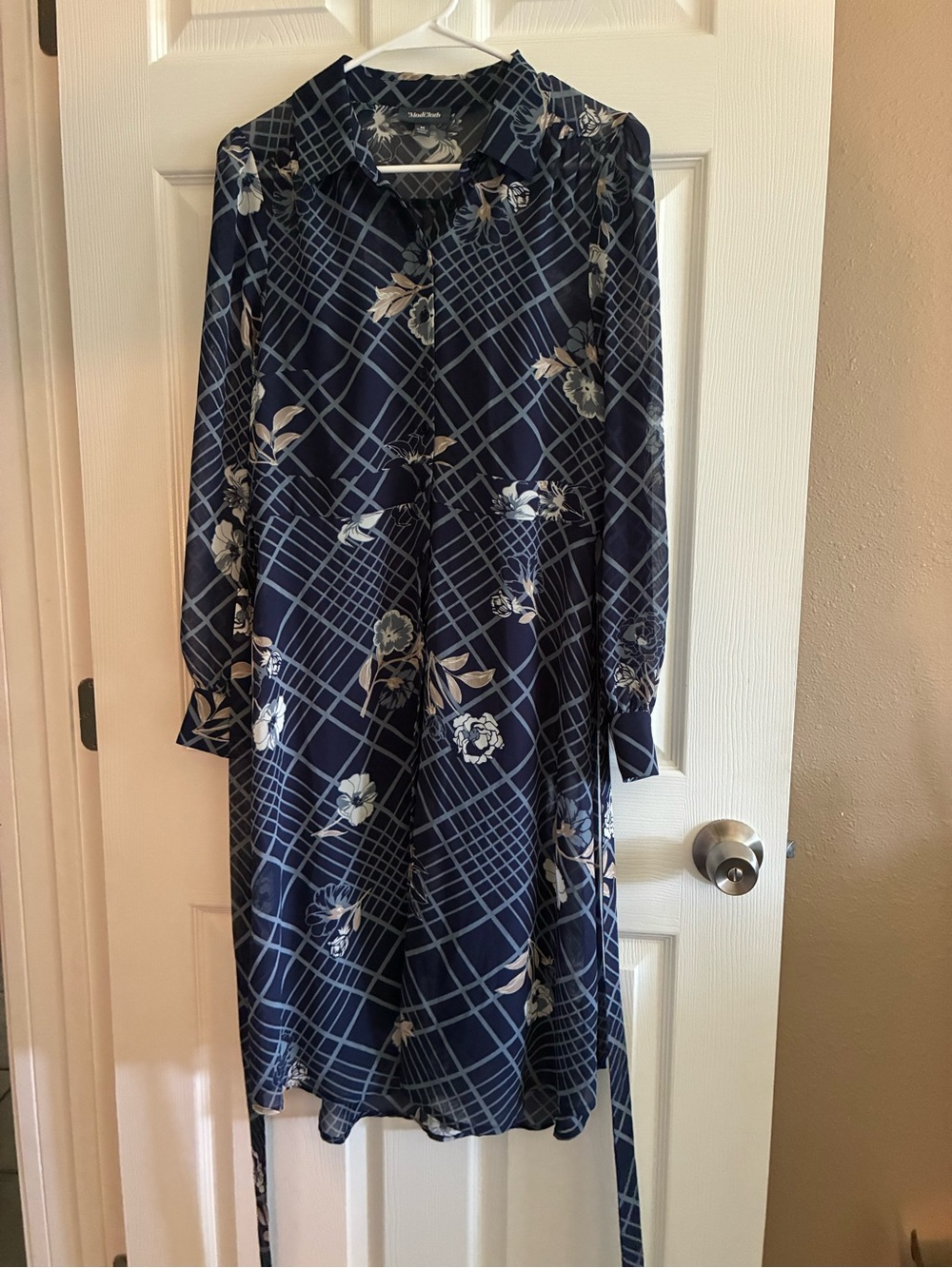 ModCloth Navy Floral Plaid Button-front Sheer Dress, Size Medium